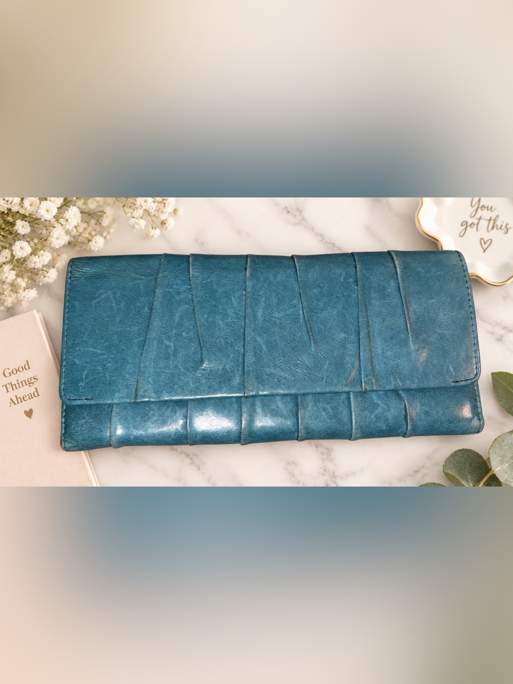 HOBO International Teal Blue Leather Continental Wallet Floral Interior